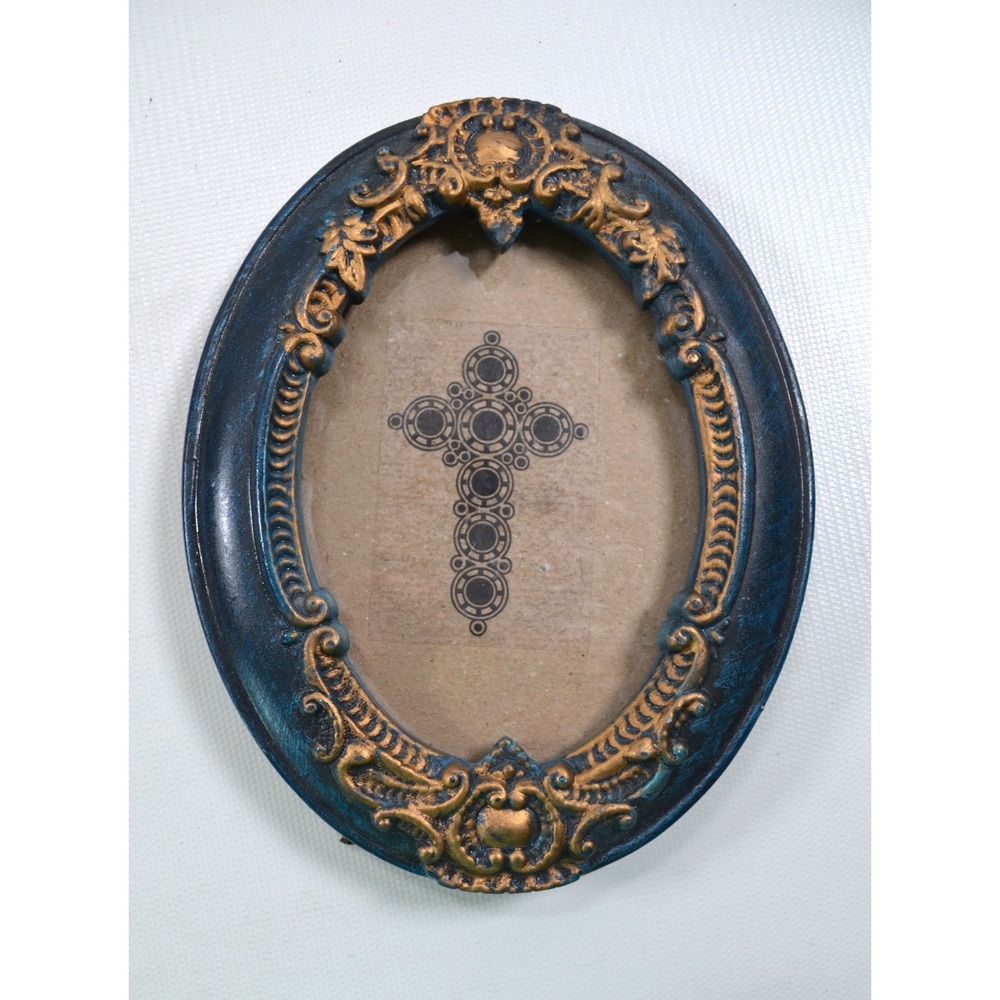 Vintage Style Oval Resin Photo Frame Blue Gold Gilt Ornate Baroque Tabletop